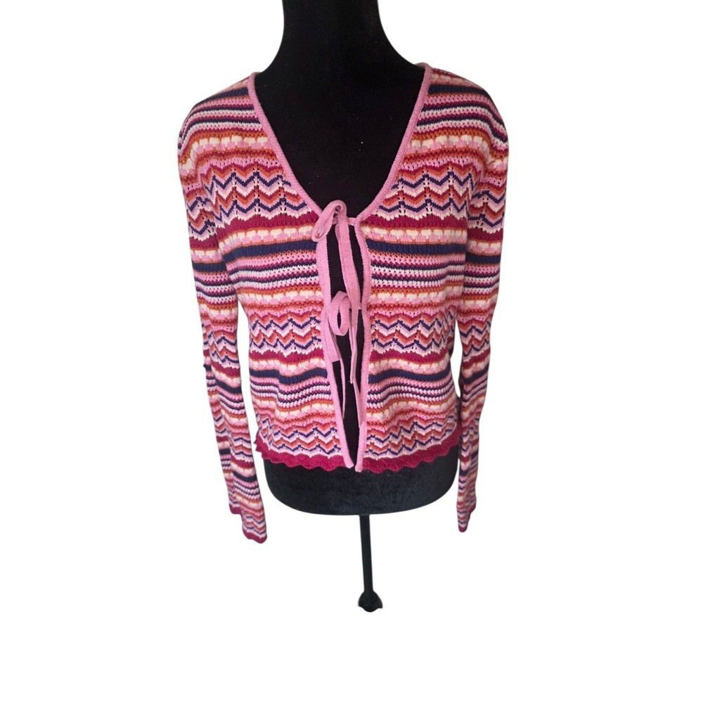 Jessica Simpson Crochet Cardigan Womens M Pink Tie Front Boho Y2K Knit